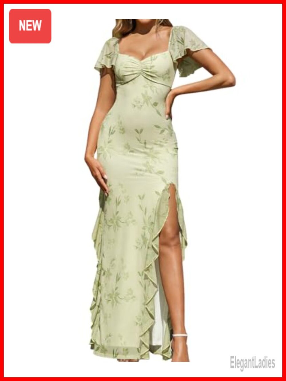 Floral Mesh Sweetheart Neck Ruffle Sleeve High Slit Maxi Dress